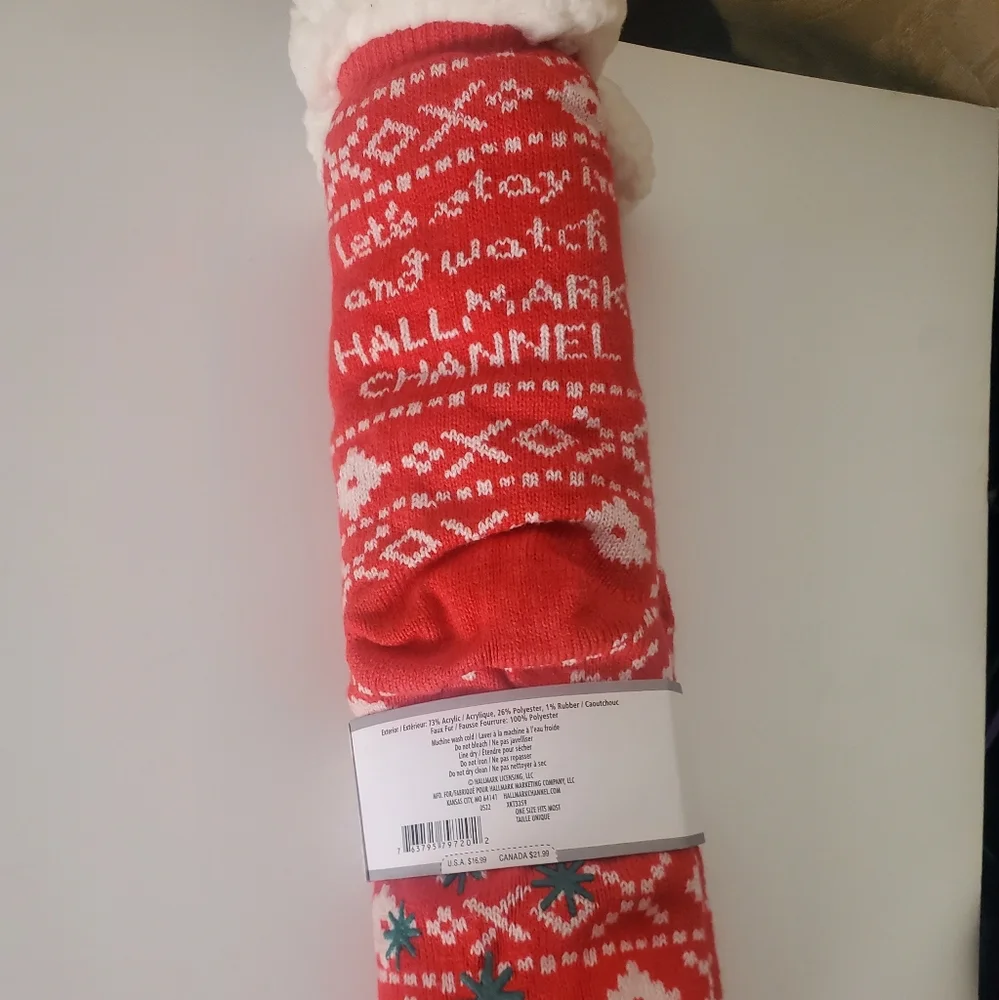 Hallmark Movie channel red white grip socks Faux shearling lined cozy one size